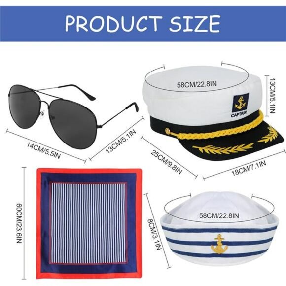 Captain Sailor Costume Set Hat Scarf Sunglasses Nautical Party Accessories - Picture 2 of 8